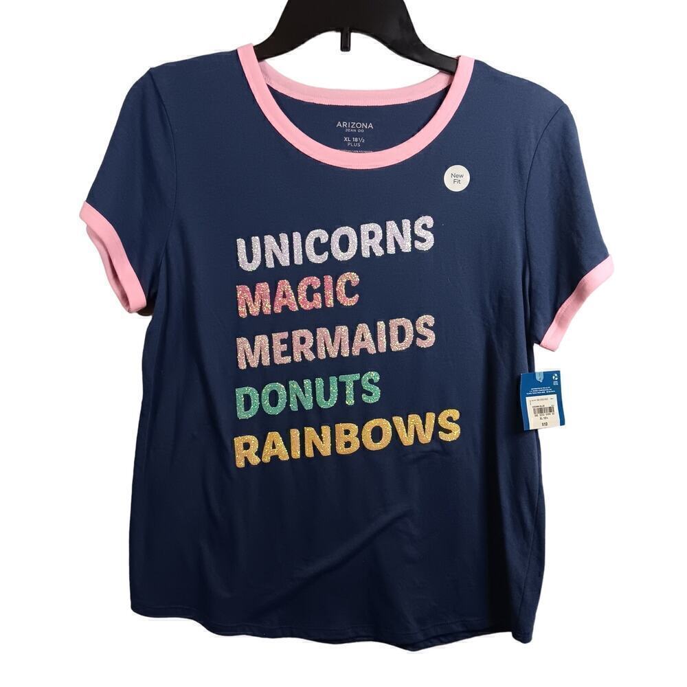 NWT Arizona Girls Blue Pink Short Sleeve Top Glitter Words XL